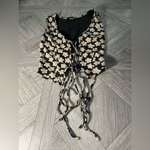 Cider Black and Cream Floral Lace-Up Crop Top